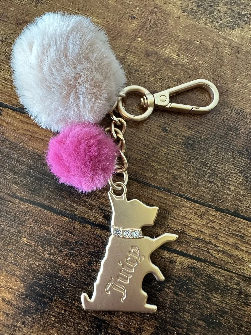 Juicy Couture Gold Dog Bag Charm Keychain with Pink & Beige Pom Poms NWOT